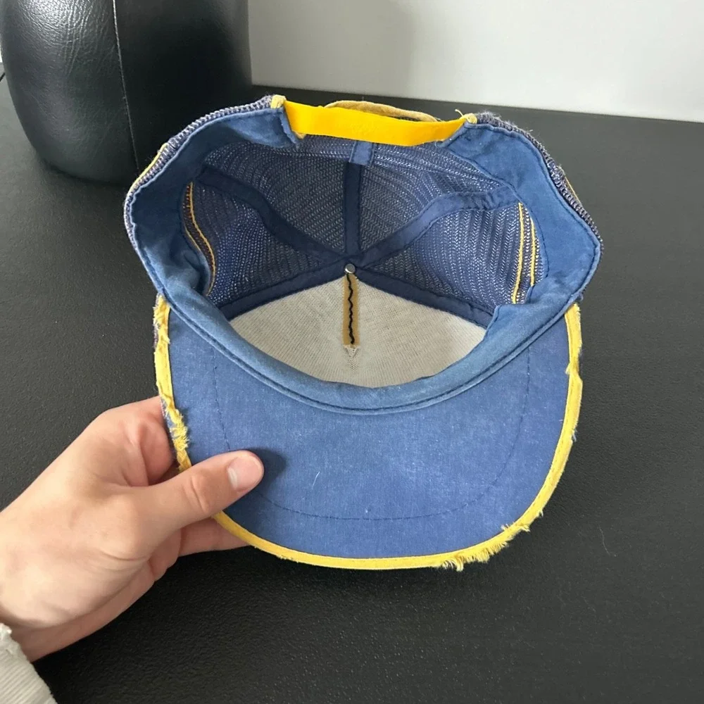 Vintage 80s Hobby World 3 Stripe Trucker Hat Cap Snap Back Adjustable Blue GR MI